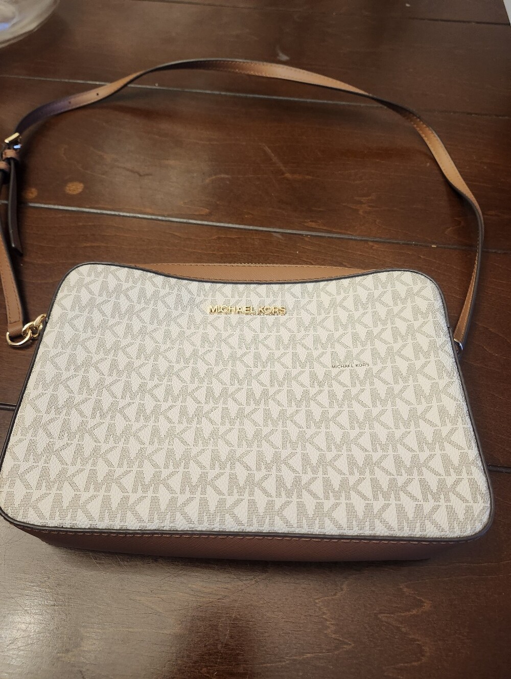 Michael Kors Beige Monogram Crossbody with Brown Trim